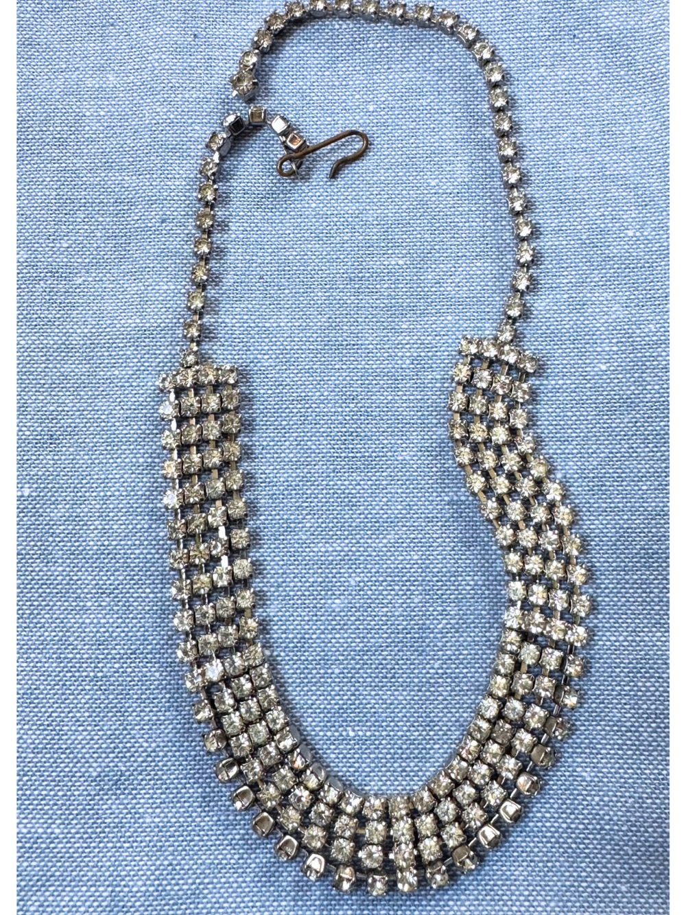 Vintage Clear Rhinestone Choker Necklace Multi Strand Silver Tone Bib Statement